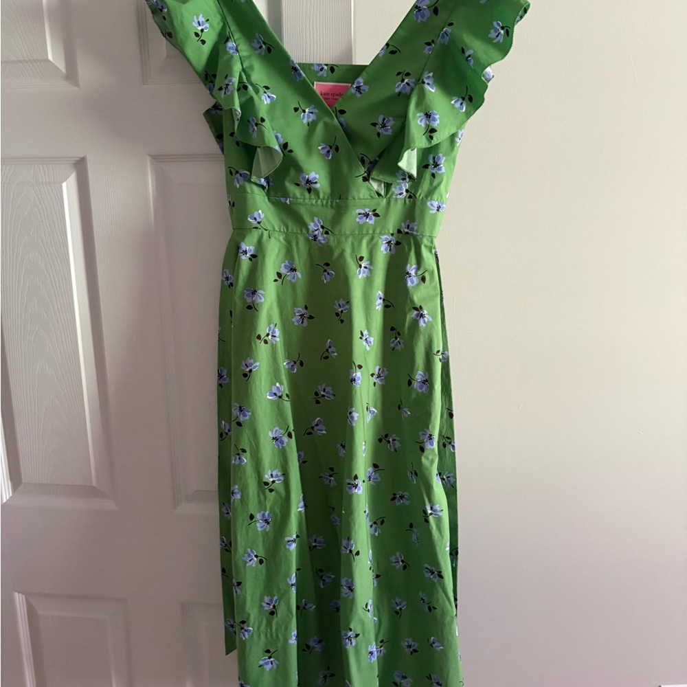Kate Spade New York green floral poplin midi dress featuring ruffle sleeves 4